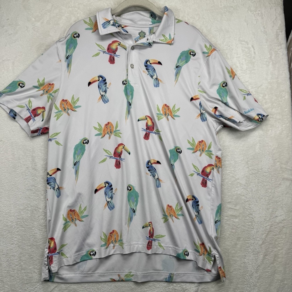 Chubbies Polo Shirt Men's M Tropical Bird Print Performance Golf Resort White